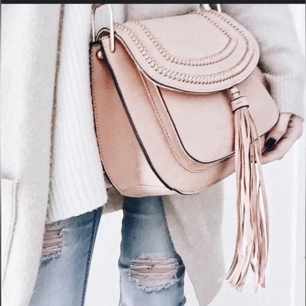 Franco Sarto Blush Faux Leather Crossbody Bag With Tassel.